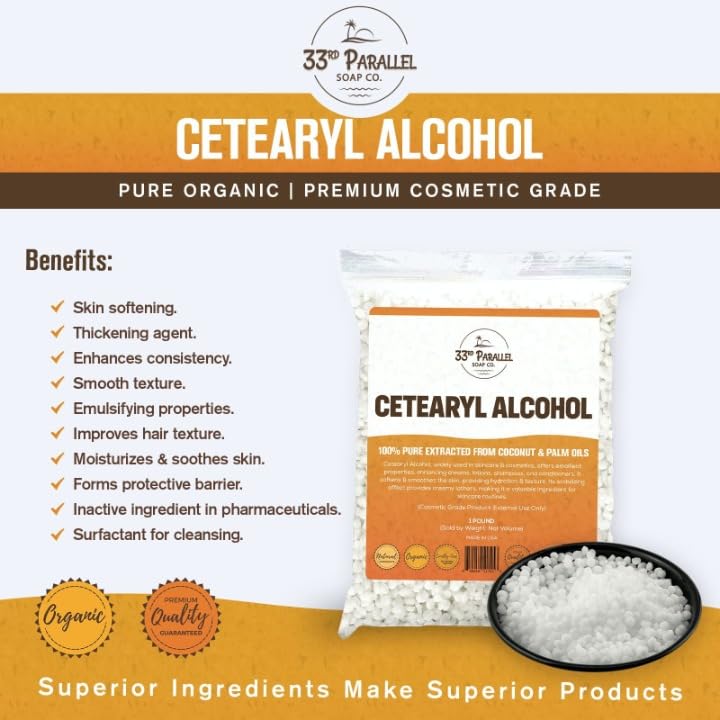 CETEARYL Alcohol (1 lbs / 16 oz) 100% Pure Extracted from Coconut & Palm Oils. Premium Granules Cetearyl Alcohol for Lotion Making, Creams, Scrubs, Shampoos, Conditioners, Moisturizers | 1 Pound