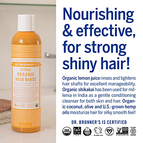 Dr. Bronner's - Organic Hair Rinse (Citrus, 8 Ounce) - Nourishing & Effective, Gentle Conditioning Cleanser for Skin & Hair, No Synthetic Ingredients, Organic Shikakai (2-Pack)