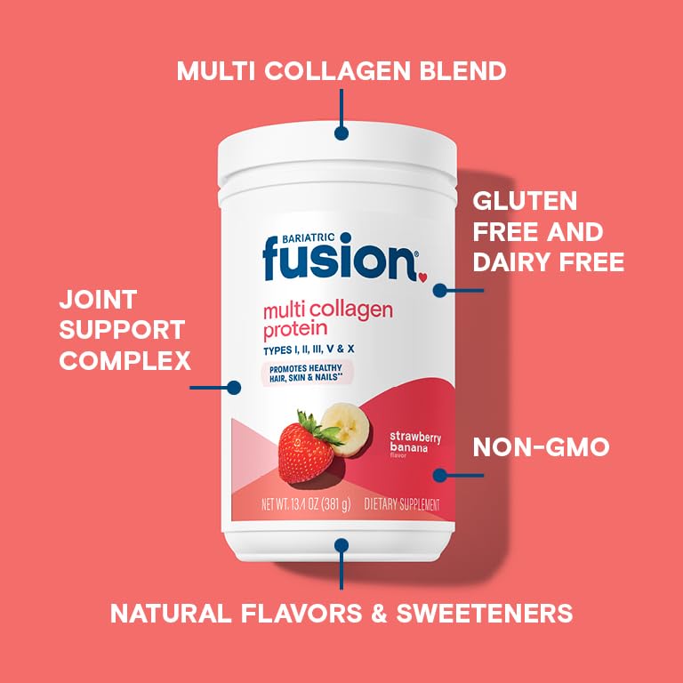 Bariatric Fusion Strawberry Banana Multi Collagen Protein Powder | Plus Joint Support Complex of MSM and Glucosamine | Dairy, Gluten & Soy Free | Non-GMO | 30 Servings