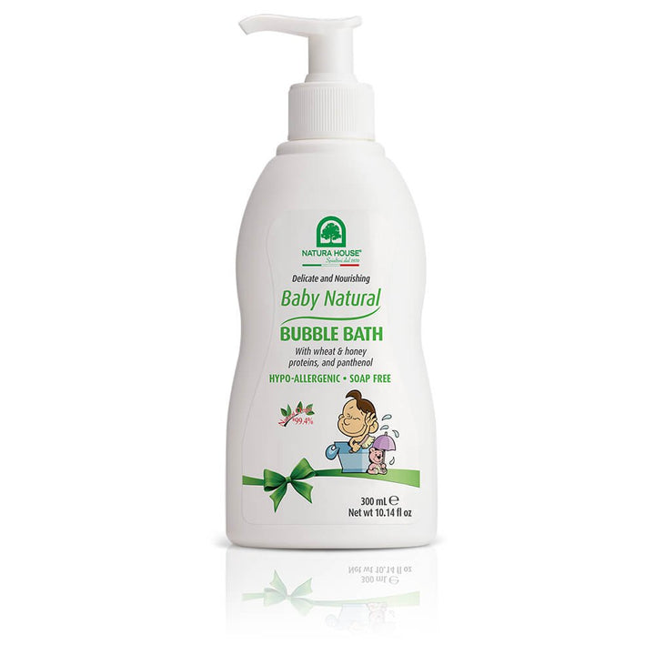 Natura House Baby Natural Bubble Bath is hypoallergenic, soap free, and comes in a 10.14 oz bottle. It contains wheat and honey proteins, panthenol, and vegetable surfactants to delicately cleanse