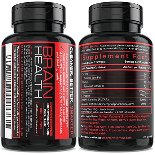 Smarter Brain Support Nootropic Supplement, Made with Alpha-GPC, L-Tyrosine & Acetyl L-Carnitine ALCAR, Flaxseed Oil, ALA DHA, 60 Softgel Energy Pills