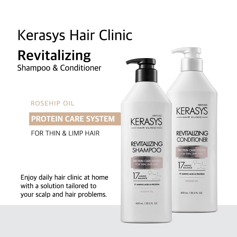 Kerasys Hair Clinic Protein Care System for Thin Limp Hair Rosehip Oil REVITALIZING 13.5 fl oz / 400 ml (Shampoo 1-Pack)