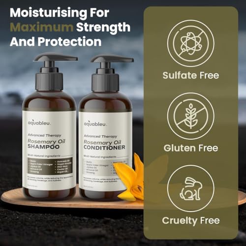 Aquableu Advanced Therapy Anti-Thinning Rosemary Oil Shampoo & Conditioner Set - Infused with 14 All-Natural Ingredients for Volume, Strength, Thickness, and Dullness Reduction (16oz)