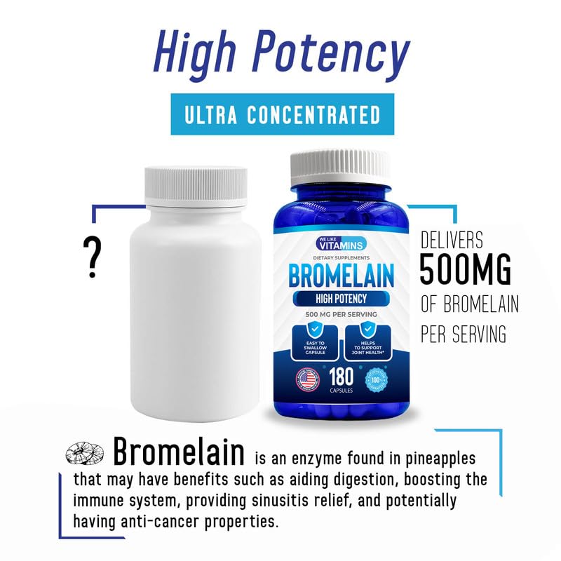 We Like Vitamins Bromelain 500mg Capsules - 2400GDU/g - Bromelain Supplement from Pineapple Extract - Proteolytic Enzymes for Digestion, Absorption, Joint Pain, Muscle Soreness - 180 Capsules