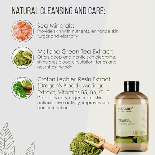 ECOLATIÈR Sea Minerals & Matcha Body Wash - Natural Body Wash for Women & Men, 97.5% Natural Ingredients, Detoxifying & Hydrating Cleanser for Sensitive Skin, Gentle & Nourishing Care, 20.3 Fl Oz