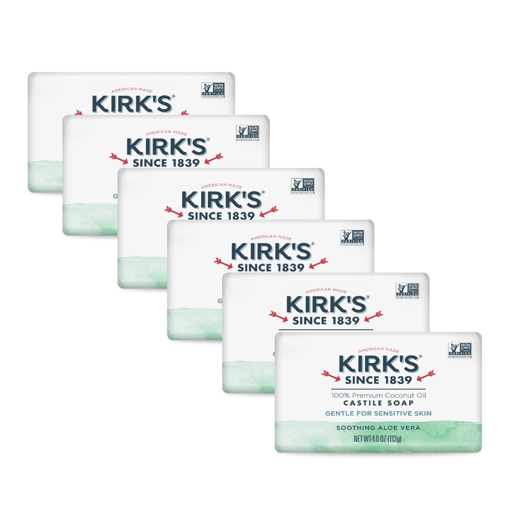 Kirk's Castile Bar Soap for Men, Women & Children - Made with Premium Coconut Oil, Sensitive Skin Formula, Vegan, Non GMO, Aloe Vera, 4 oz. Bars 6 Pack