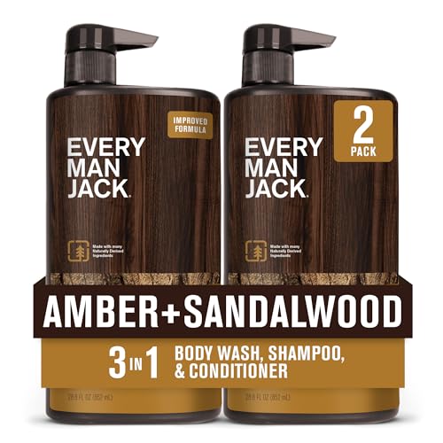 Every Man Jack Amber + Sandalwood Hydrating Mens 3-in-1 All Over Wash for All Skin and Hair Types - Body Wash, Shampoo and Conditioner with Naturally Derived Ingredients - 28.8oz (2 Pack)