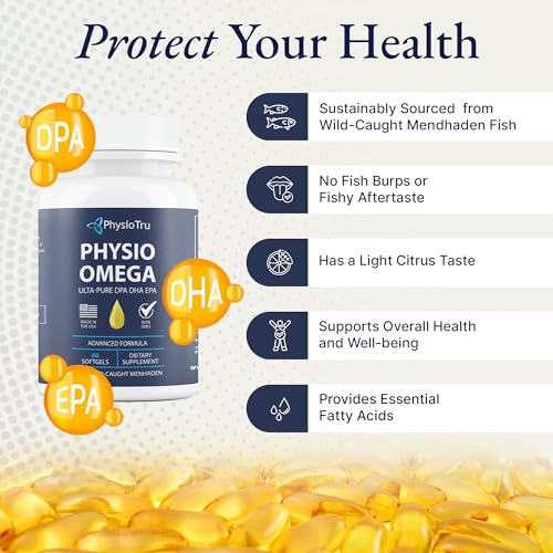 PhysioTru Physio Omega - Omega 3 Supplement - Sustainably Sourced - with DPA, EPA, and DHA - Burpless Fish Oil - 1 Pack