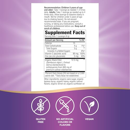 Nature's Way Sambucus Immune Lozenges, Zinc, Vitamin C, Elderberry, Immune Support*, USDA Organic, Honey Lemon Flavor, 24 Lozenges (Packaging May Vary)