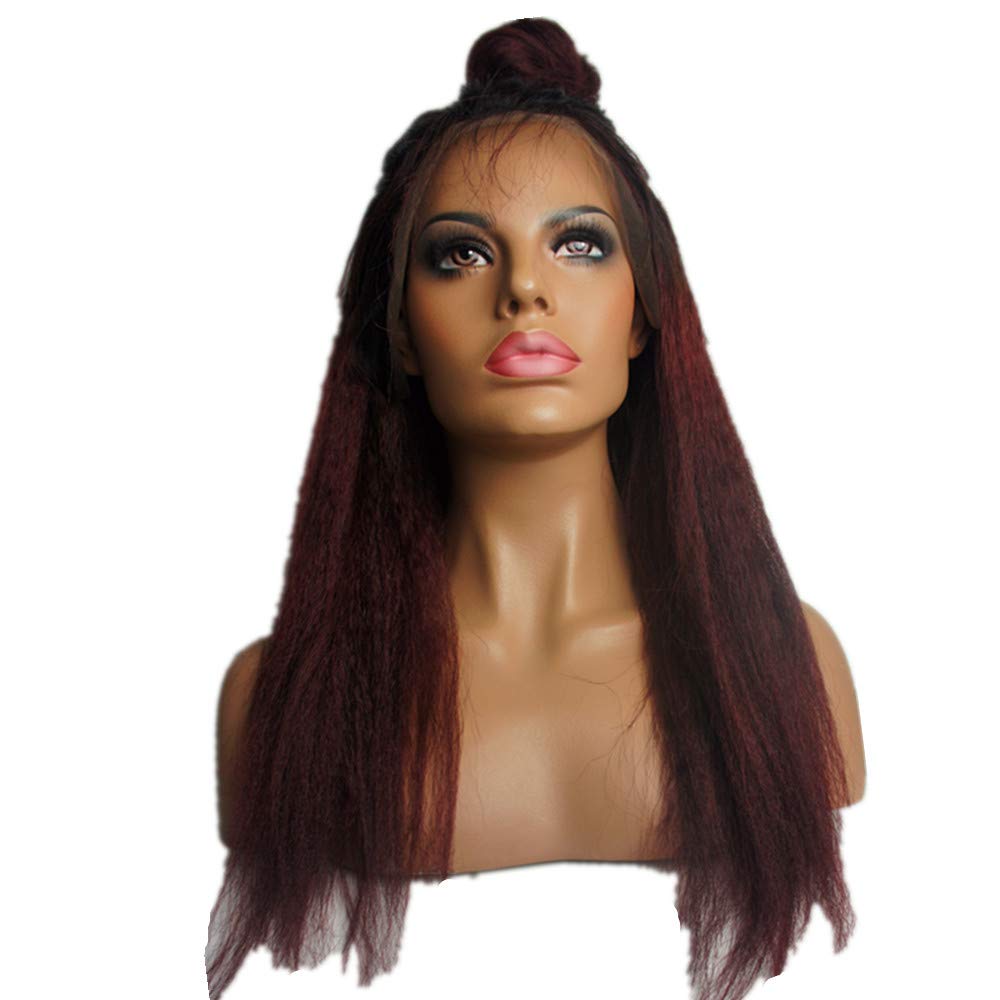 Human Hair Ombre Lace Front Wigs, N.L.W. Brazilian Hair Kinky Straight Wigs for Black Women, T1b/99j Ombre Color Italian Yaki Wigs with Baby Hair 16 Inches