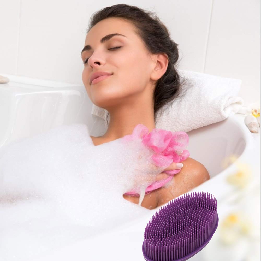 Silicone Body Scrubber, ABOLINE 2 Pack Exfoliating Silicone Shower Loofah Body Bath Brush,Easy to Clean,Long Lasting,Face and Body Clean Massage,Skin Exfoliation(Purple&Pink)