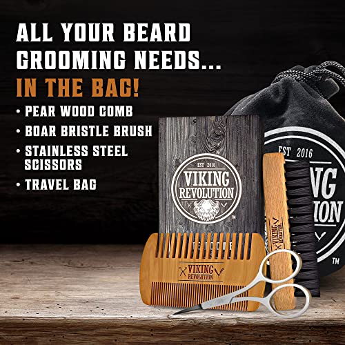 Viking Revolution Beard Comb & Beard Brush Set for Men -- Natural Boar Bristle Brush and Dual Action Pear Wood Comb w/Velvet Travel Pouch - Great for Grooming Beards and Mustaches