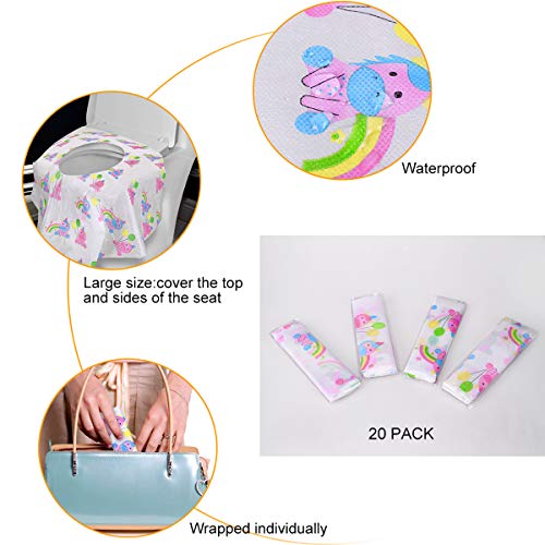 PaperKiddo 20 Pack Disposable Toilet Seat Covers Pink Unicorn Design Waterproof Potty Training Seat Cover Set Extra Large Perfect for Kids and Adults Individually Wrapped for Travel and Home