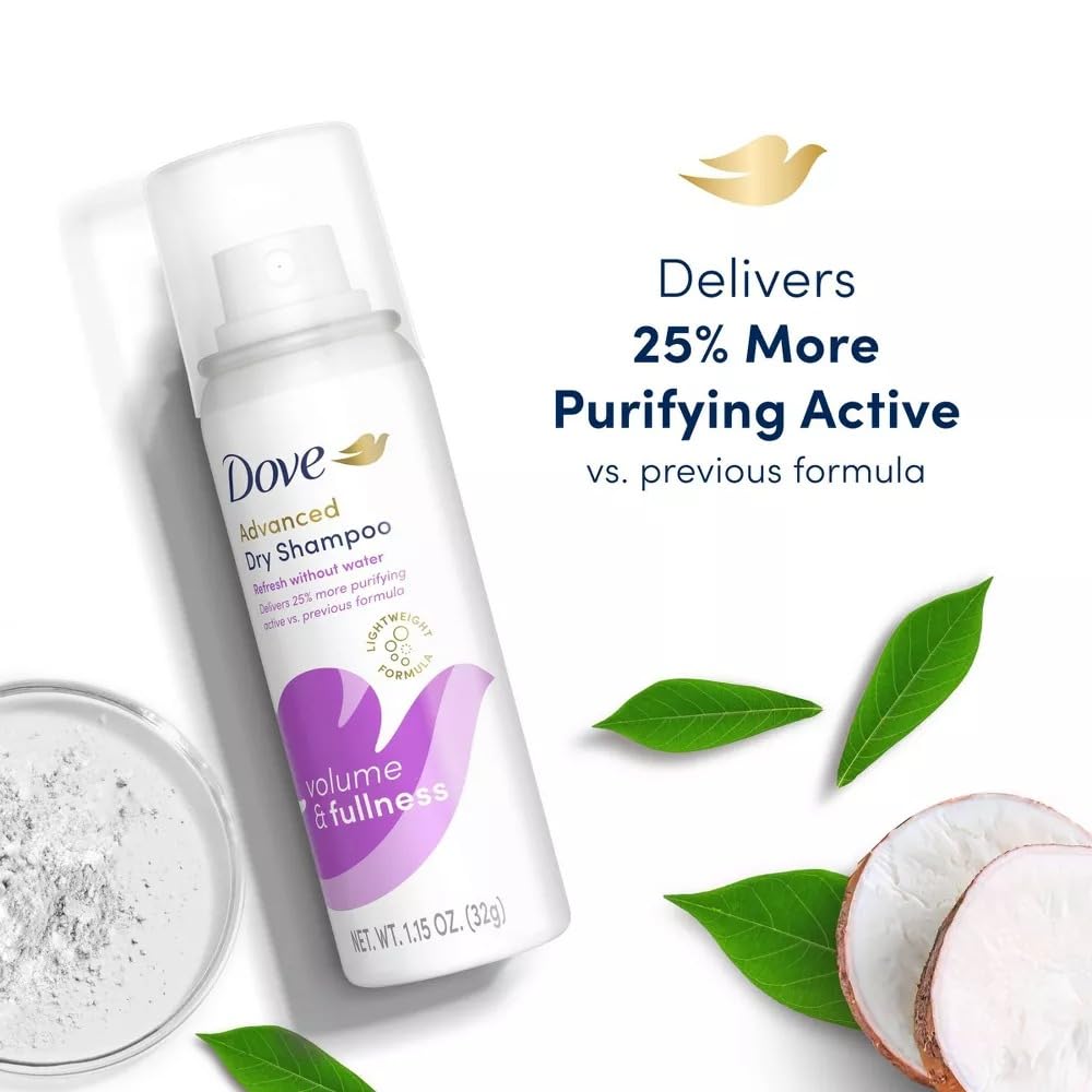 Dove Advanced Dry Shampoo, Travel-Size, Volume & Fullness, 6-Pack, Travel Essentials, 1.15 Oz Ea