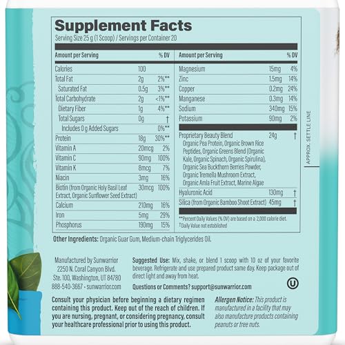 Vegan Collagen Building Powder Protein Peptide with Biotin Vitamin C Hyaluronic Acid Collagen Protein Powder for Hair Skin Nail Dairy Free Gluten Free | Unflavored by Sunwarrior