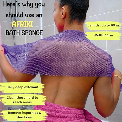 AFRIKI African Net Sponge, African Exfoliating Sponge, Black Owned, Exfoliating Washcloth, Body Exfoliator for Bath and Shower, Back Scrubber, Dead Skin Remover (Yellow, Purple, 1 Count (Pack of 2))