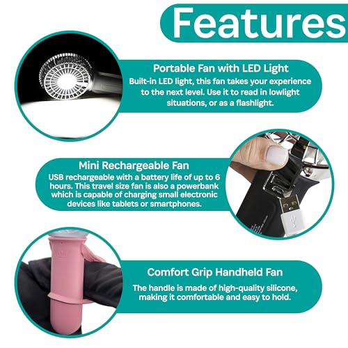 Buggygear 3 Speed USB Rechargeable Fan - Portable Clip Fan with Power Bank and LED Flashlight, Travel Must Haves for Camping, Dorms, and More, White/Rose Gold