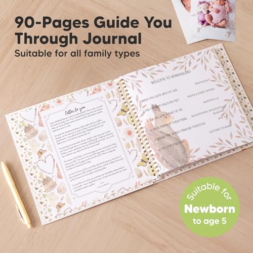 First 5 Years Baby Memory Book Girl, Boy - 90 Pages Hardcover First Year Milestone Keepsake Book, Newborn Scrapbook for New Parents, Minimalist Photo Album Journal, Gift for Baby Shower (WonderLand)