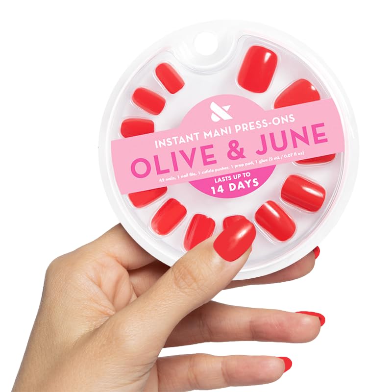 Olive & June Instant Mani Press On Nails (Glue) | Cherry Red | Short, Squoval | 42 Fake Nails, 21 Sizes | Non-Toxic, Long-Lasting | Recycled Materials | Realistic Look | CV