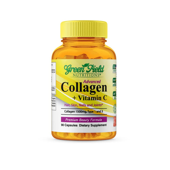 Greenfield Nutritions - Halal Collagen Peptides 1500 mg Type I & III, with Vitamin C 300 mg for Better Absorption, Halal Anti-Age Formula for Hair Skin Nails & Joints, Halal Vitamins 90 Capsules