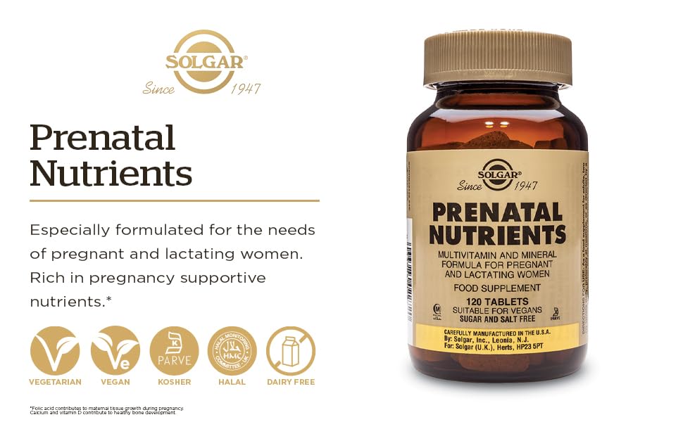 Solgar Prenatal Nutrients - 120 Tablets - Multivitamin & Mineral Formula for Pregnant & Lactating Women - Vegan, Kosher, Halal & Gluten Free - 30 Servings