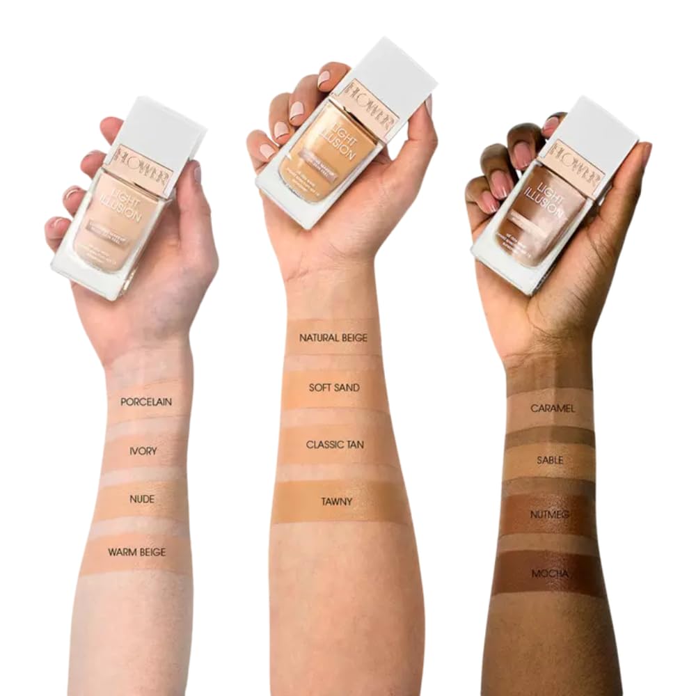Flower Beauty Light Illusion Foundation with SPF 18 - Liquid Foundation Makeup with Buildable Coverage & Breathable/Lightweight Formula - Natural Complexion (Nutmeg)