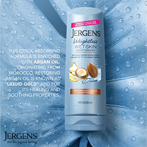 Jergens Wet Skin Body Moisturizer with Restoring Argan Oil, 10 Ounces, 4X Healthier Looking Skin, Fast-Absorbing, Non-Greasy, Dermatologist Tested (Pack of 4) (Packaging May Vary)