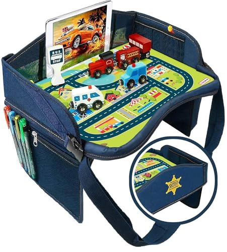 Coolmum Kids Travel Tray, Toddler Car Seat Tray, Double Sided Activity Organizer, Snack Lap Table, Baby Stroller Tray, Airplane Play Table, Waterproof and Foldable (Premium Blue)