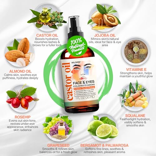 SELFWISE Organic Castor Oil For Face Moisturizer, Eyes, Eyelashes, Eyebrows, Wrinkles with Jojoba, Rosehip, Grapeseed, Squalane, Palmarosa, Bergamot and Vitamin E for Gentle Skin, Men & Women 1oz