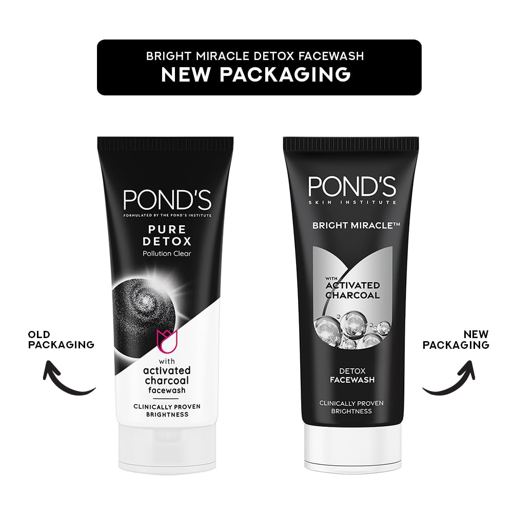 POND's Bright Miracle Detox Facewash | 10X Power Of Activated Charcoal| For Deep Cleaned Skin | Reveals Glow, Pollution Clear Face Wash, 50Gm
