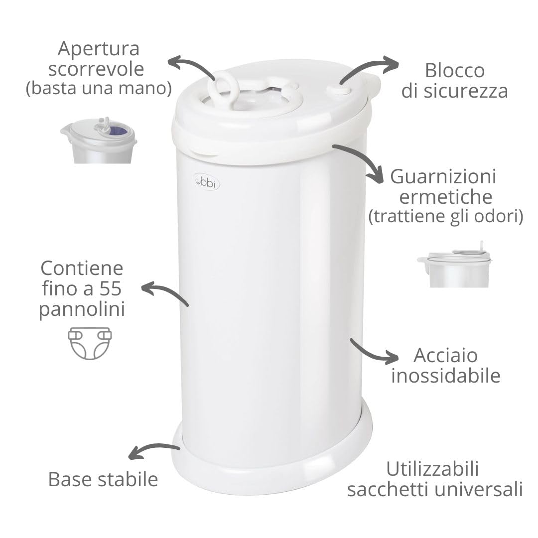 Ubbi Steel Diaper Pail, Odor Locking, No Special Bag Required, Award-Winning, Registry Must-Have, White