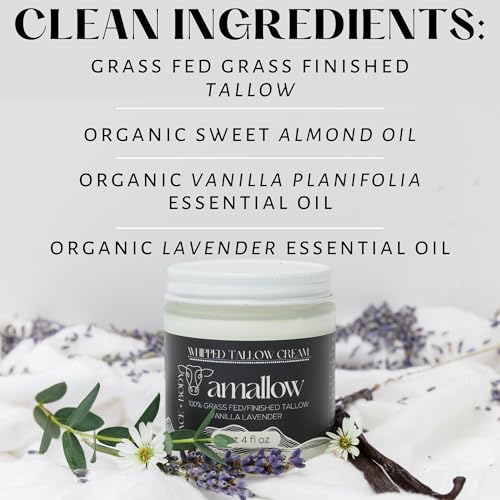 Amallow 100% Grass Fed Beef Tallow for Skin Care - Face + Body - Whipped Moisturizer - Natural Lotion, 4 FL. oz. (Vanilla Lavender)