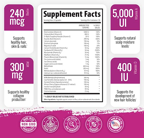 Hair, Skin and Nails Vitamin Supplement with Biotin, Each Bottle Contains 26 Essential Vitamins, 3 Bottle Pack, Growth Formula for Men and Women