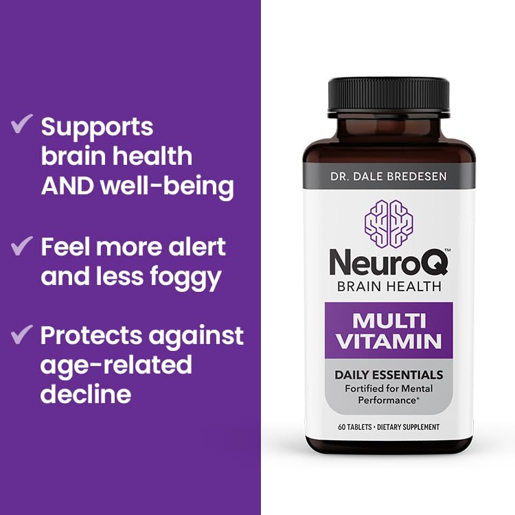 NeuroQ Daily Essentials Multivitamin - Fortified Mental Performance & Overall Wellness - Improve Memory & Focus - B-Complex, Vitamin D, Folate, CoQ10, Pantothenic Acid & More - 60 Capsules