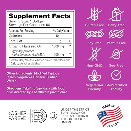 Zahler Organic Flaxseed Oil - 1000mg Softgels - Cold-Pressed Organic Flax Seed Oil - Organic Omega 3 ALA Supplement - Kosher Non-GMO Gluten Free Vegetarian-Friendly Flaxseed Supplement (90 Count)