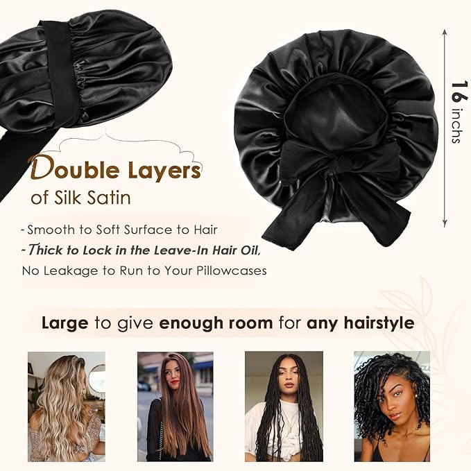 YANIBEST Silk Bonnet for Sleeping Women Adjustable Double Layer Satin Bonnet Reduce Friction Prevent Frizz Natural Curly Hair, Black