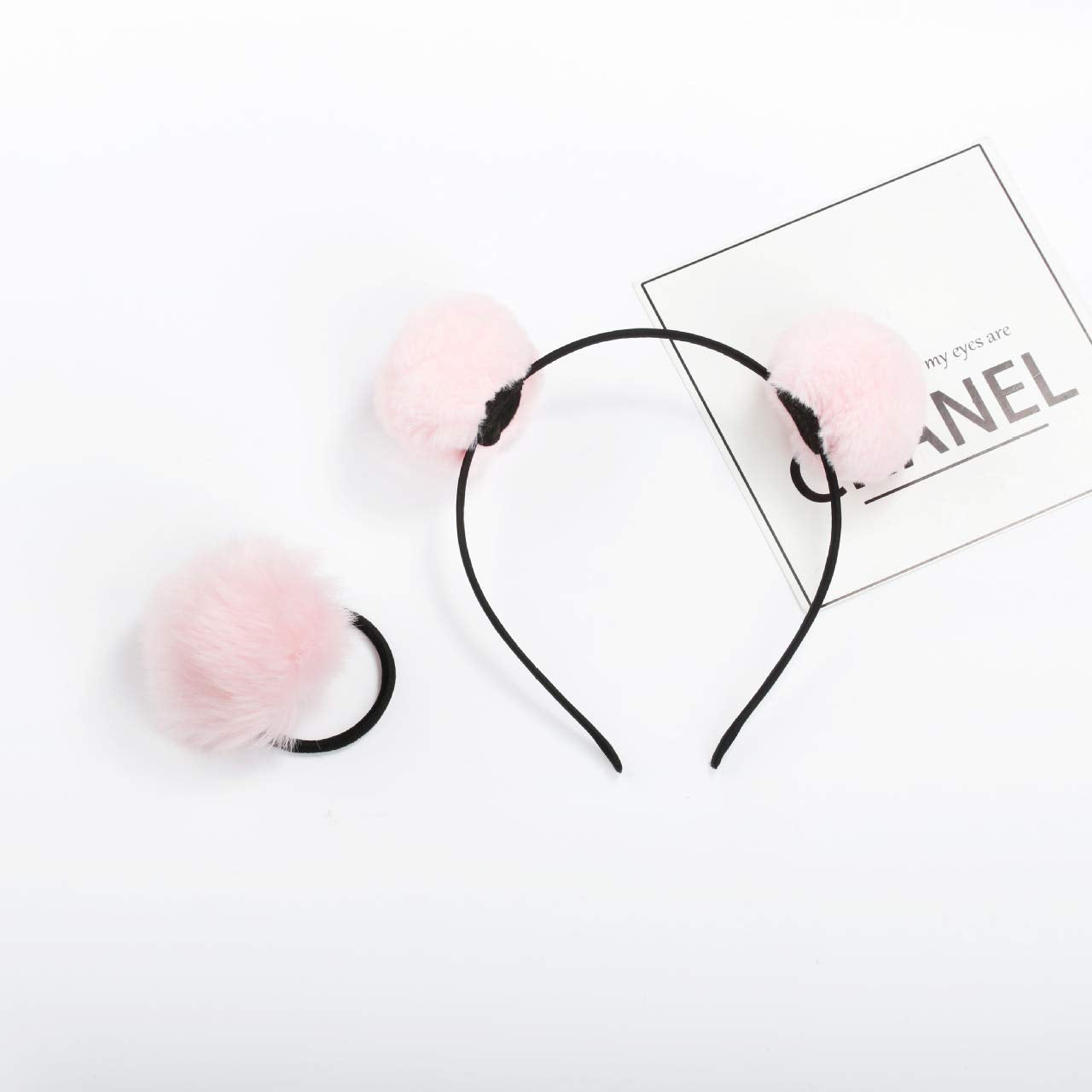6 Pieces 3 Pairs Fluffy Furry Pom Ball Headband and Elastic Hair Ties Fuzzy Faux Fur Animal Ears Double Pom Headband PomPom Hair Band for Girls and Women