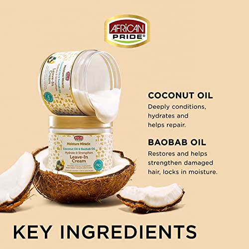 African Pride Moisture Miracle Coconut Oil & Baobab Oil Leave-In Cream - Provides Intense Moisture & Helps Repair Natural Coils & Curls, Hydrates & Strengthens Hair, 15 oz