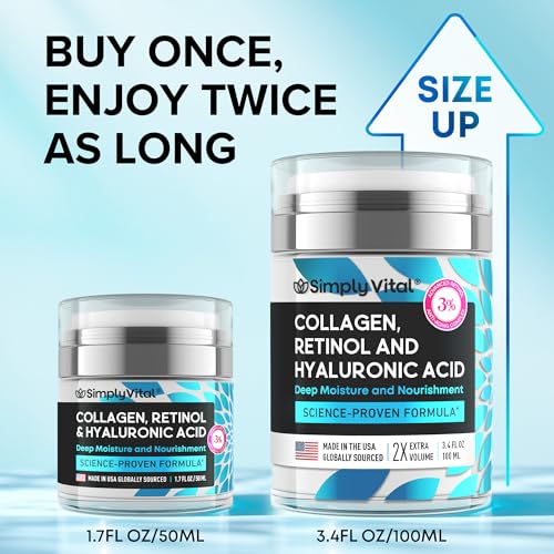 SimplyVital Collagen, Retinol & Hyaluronic Acid Cream - Anti-Aging Retinol Cream for Face, Neck & Décolleté - Made in USA - Daily Moisturizer Face Cream - 3.38 fl oz