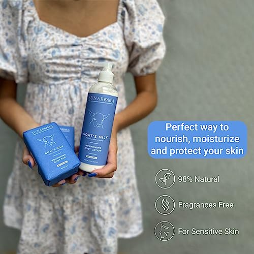 Sunaroma Goat Milk Bath & Body Set - Goat Milk Soap and Lotion - Includes 2 Sunaroma Natural Soap Bars (8 oz each) and 1 Goat Milk Lotion (11.5 oz) - Made with Organic Ingredients