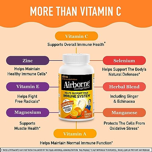 Airborne 1000mg Vitamin C Chewable Tablets with Zinc, Immune Support Supplement with Powerful Antioxidants Vitamins A C & E - 96 Chewable Tablets, Citrus Flavor