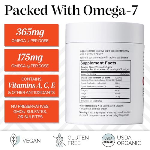 sibu Omega-7 Softgels, Premium Organic Himalayan Sea Buckthorn Oil (60ct, 30 Day Supply) – Supplement for Healthy Skin, Hair, Nails and Dryness