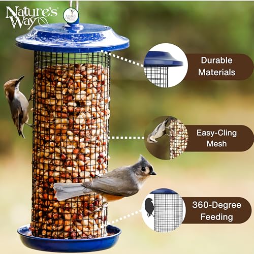 Nature's Way Cobalt Metal Mesh Mixed Seed and Peanut Bird Feeder for Wild Birds and Outdoor Décor, 2 Quart Capacity, Easy to Clean and Fill with Easy-Cling Mesh, Blue