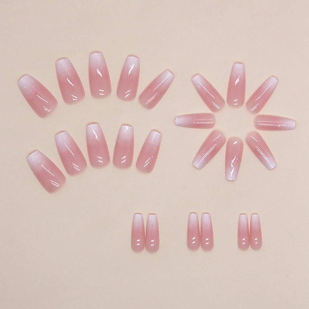 Medium Long Press on Nails Ombre Pink Fake Nails Glossy Glitter Full Cover Glue on Nails Bling Designs Natural Nude False Nails Reusable Artificial Acrylic False Nails for Women Manicure Salon Kit
