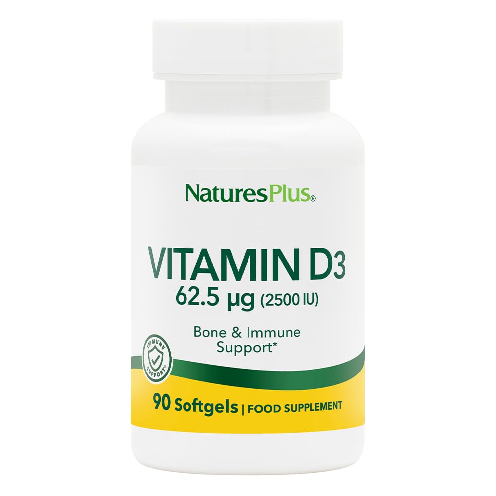 Natures Plus Vitamin D3 (Cholecalciferol) - 2500 iu, 90 Softgels - Bone Health, Heart Health & Immune System Support Supplement, Bioavailable Active Form - Gluten-Free - 90 Servings
