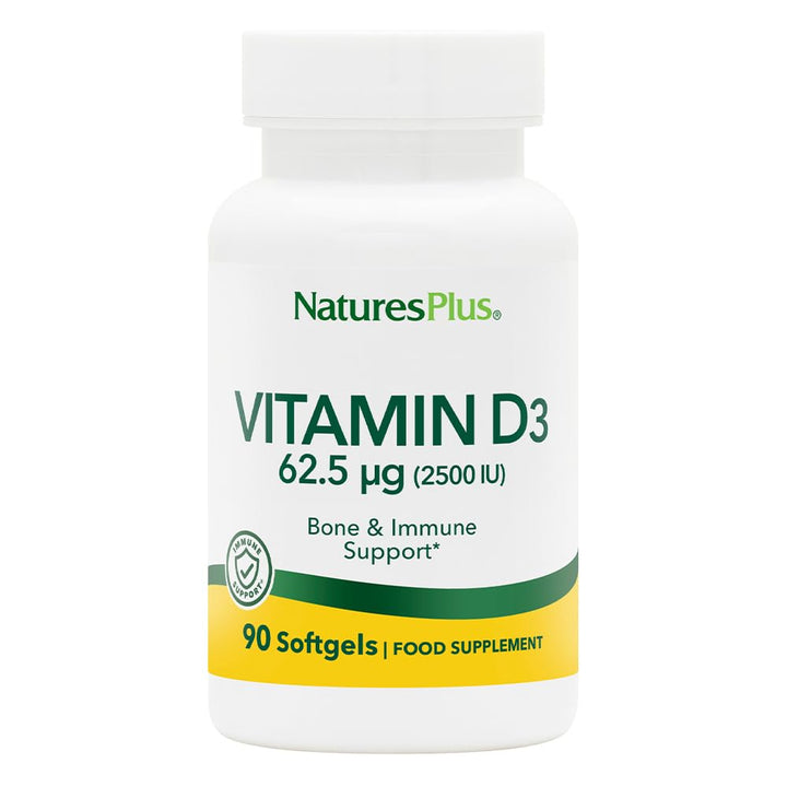 Natures Plus Vitamin D3 (Cholecalciferol) - 2500 iu, 90 Softgels - Bone Health, Heart Health & Immune System Support Supplement, Bioavailable Active Form - Gluten-Free - 90 Servings