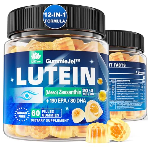 Sugar Free Lutein 20mg 40mg and Zeaxanthin Gummies for Eyes with Omega 3 (EPA 190mg & DHA 80mg), Eye Vitamins Filled Gummies Plus Bilberry, Goji Berry & Saffron, Eye Health Supplements - Vegan, 60Cts