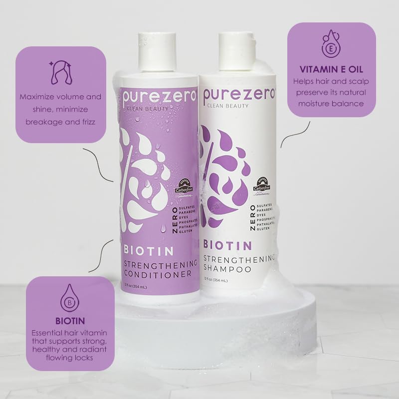 Purezero Biotin Shampoo & Conditioner set - Anti Thinning Formula - Volumizing, Thicker, Fuller Hair - Zero Sulfates, Parabens, Dyes, Gluten - 100% Vegan & Cruelty Free - Great For Color Treated Hair