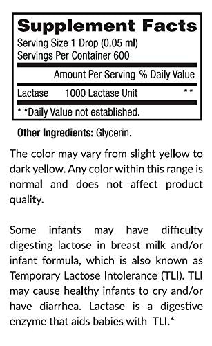 Kiddivit Baby Lactase Liquid Drops 1000 Units - 100 Daily Servings, 1 Fl Oz (30 mL) - Built-in Dropper, Glass Bottle - Sugar Free, Gluten Free, Vegetarian Friendly
