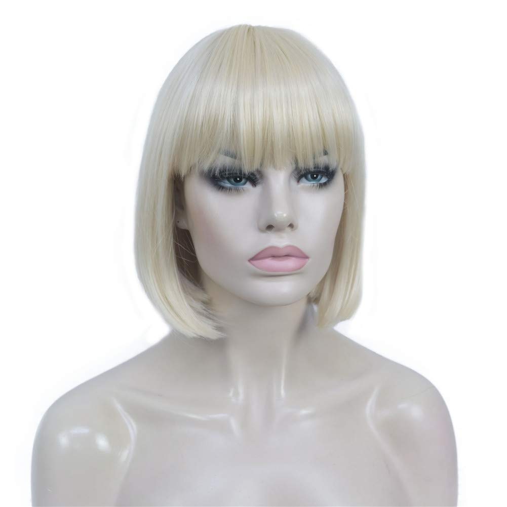 Aimole Short Straight Bob Wig Cute Flat Bangs Synthetic Full Women Wigs(613-Pale Blonde)